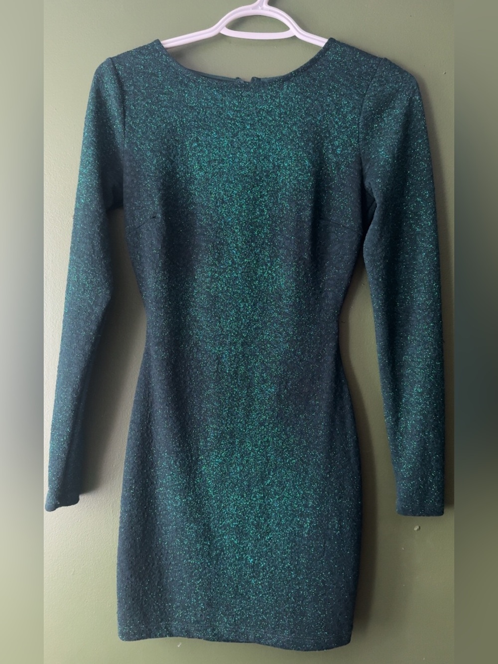 Envy+Grace Sparkly Green Long Sleeve Backless Dress